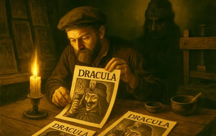 Mum ışığında Dracula broşürleri basan bir matbaacı ve arka planda silik şekilde görünen Vlad Tepeş silueti.